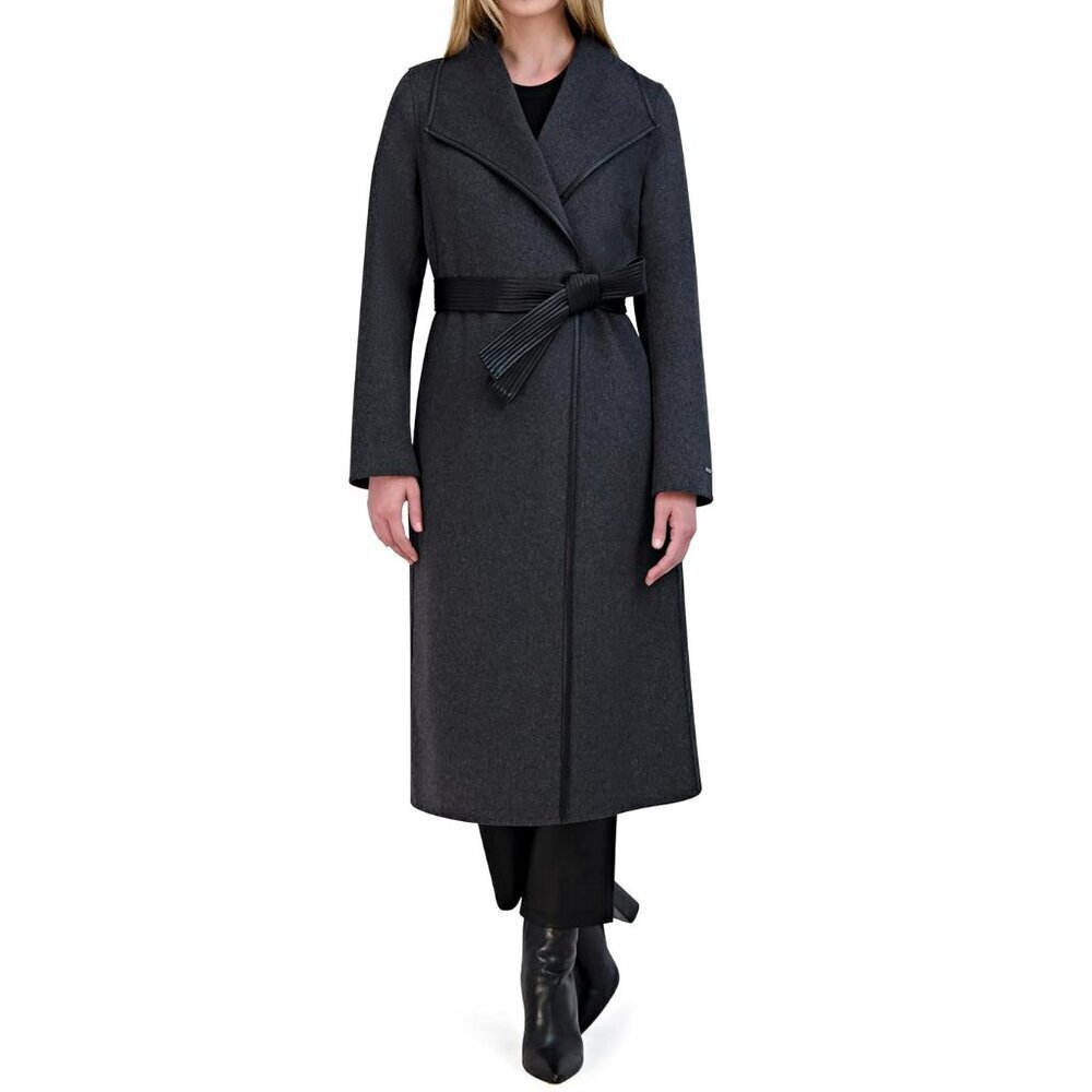 Tahari Women's Faux-Leather-Trim Removable Belted Wrap Coat Size L (MSRP $380)
